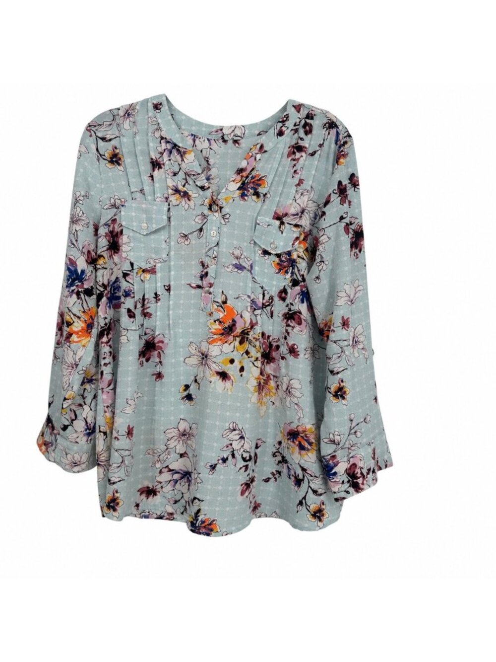 NY Collection Blouse Large Blue Floral Pintuck Roll Tab Tunic Boho Cottagecore